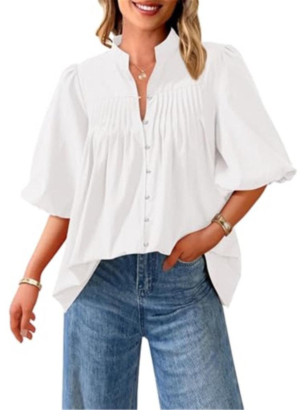 Womens Button V Neck Blouse Short Sleeve Pleated Loose Fit Summer Pullover Top